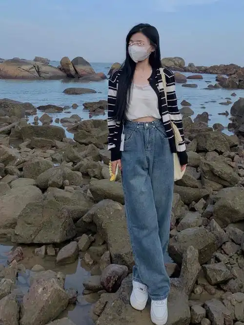 美式复古蓝阔腿牛仔裤女早春新款设计感高腰显瘦宽松直筒高街裤子图片