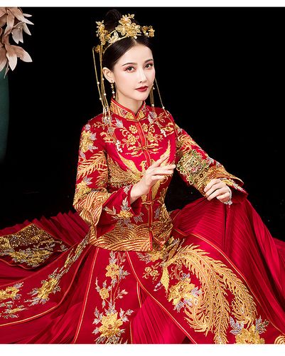 秀禾服新娘嫁衣秋冬新款婚纱中国风古装结婚敬酒服女出阁服 双凤百褶