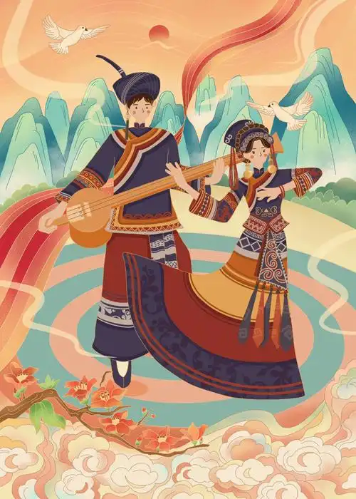 彝族插画少数民族国潮风场景插画