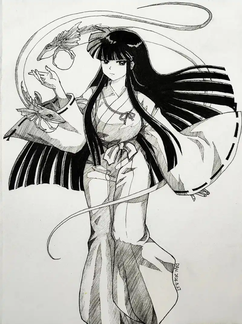 黑白线描画 #犬夜叉戈薇 #犬夜叉动漫推荐 - 抖音