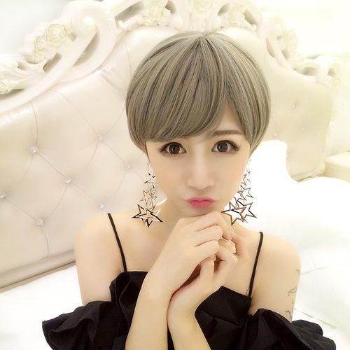 丝源假发女短发bobo头帅气蘑菇头奶奶灰色狗啃刘海发型逼真自然