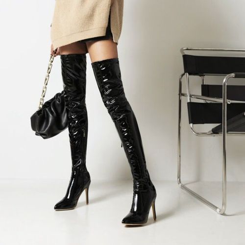 长靴欧美钢管舞高跟鞋细跟大码夜场大腿靴子漆皮过膝长筒靴 黑色单里
