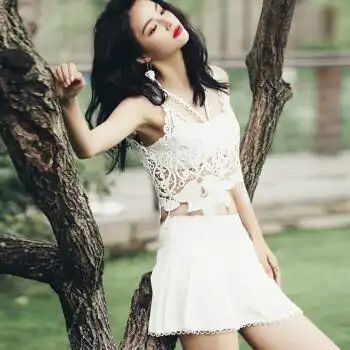 性感泳衣女比基尼三件套显瘦蕾丝缕空罩衫小胸钢托聚拢黑白色 黑色 xl