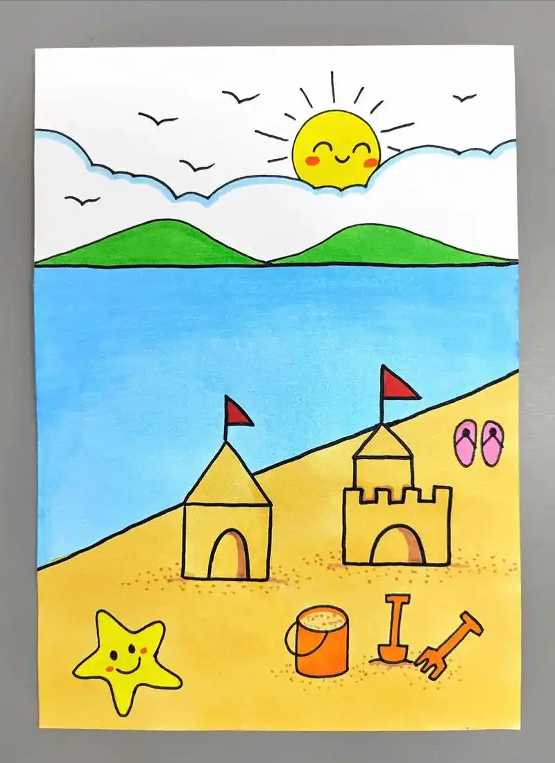 夏天主题画——堆沙堡,简单好看,夏天到了,和孩子一起去沙滩堆 - 抖音