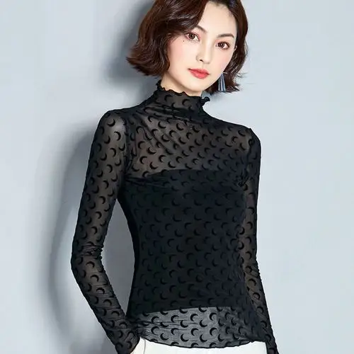 秋装半高领透视网纱打底衫内搭t恤女长袖蕾丝单层沙衣服罩衫上衣