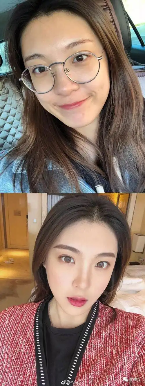 黄时美妆女生素颜自拍照vs女生化妆后自拍照