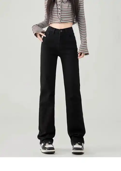 黑色直筒牛仔裤女秋季新款大码梨形身材高腰显瘦宽松时尚拖地裤 - 17