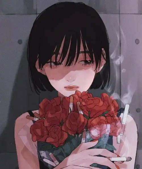 手拿着烟的高冷,颓废,丧系,叛逆期少女女生手绘动漫插画美图