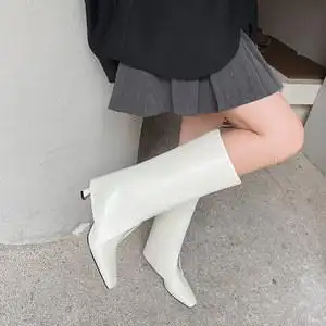 2021秋季新款裤管靴女真皮细跟长靴不过膝白色长筒靴方头高筒靴子