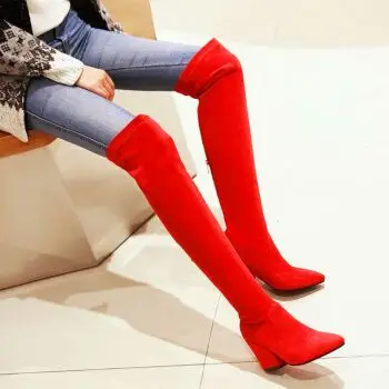 秋冬季过膝长靴弹力靴尖头粗跟高跟女鞋后拉链骑士靴女靴大码 红色 35