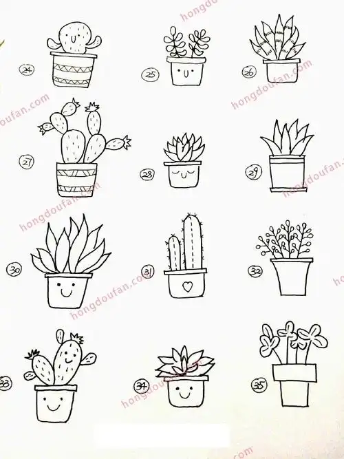 100个手绘一年级简笔画植物花朵小盆栽