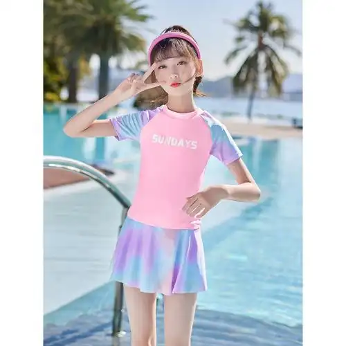 儿童泳衣女孩2022新款夏短袖中小大童分体裙泡温泉女童游泳衣