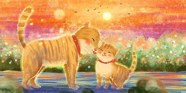 猫指甲夕阳下的猫咪妈妈和宝宝插画