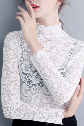 高领白色蕾丝打底衫女长袖气质内搭纱衣洋气紧身薄款镂空网纱上衣