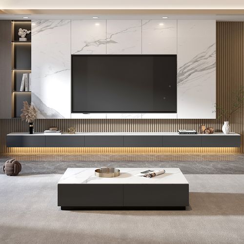 岩板悬空电视柜茶几组合客厅轻奢奢风壁挂式电视电视柜