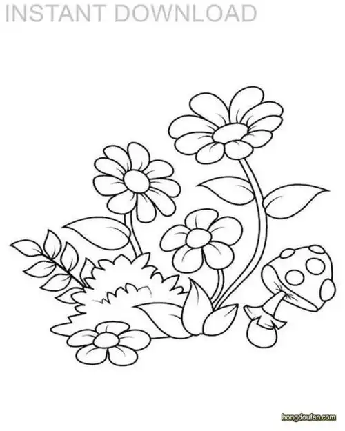春天的花朵和蘑菇填色图片大全-红豆饭小学生简笔画大全