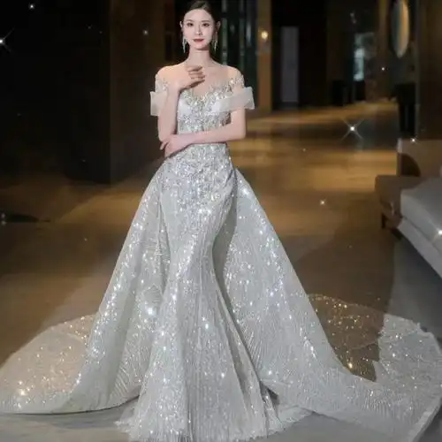 奢华重工钉珠新款鱼尾两穿大拖尾 主婚纱新娘修身显瘦鱼尾婚纱