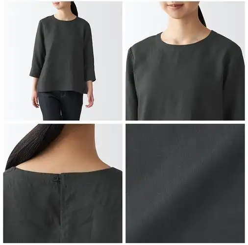 无印良品 muji 女式 亚麻水洗 七分袖罩衫 bca25c2s 烟熏蓝色条纹 xl