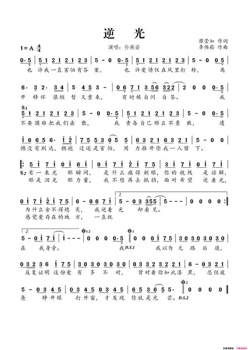 逆光简谱-孙燕姿演唱-廖莹如/李伟崧词曲1