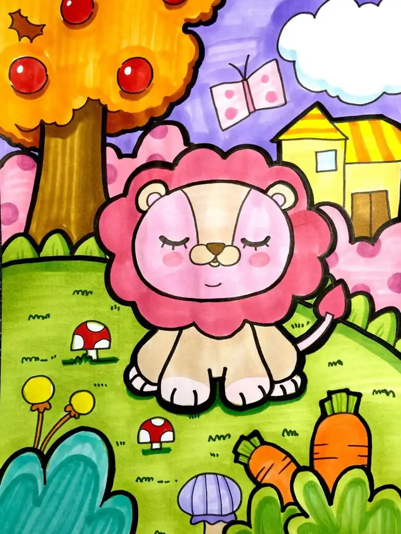 狮子儿童画 狮子王卡通手绘 简笔画动物背景 美术宝 可爱的狮子 贪睡