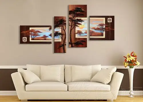 手绘风景油画现代简约办公室装饰画四联抽象无框画发财油画