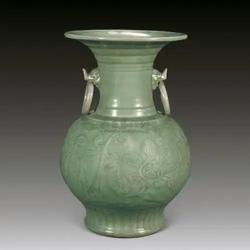 龙泉窑牡丹纹双兽耳衔环尊】拍卖品_图片_价格_鉴赏_清代单色釉瓷器