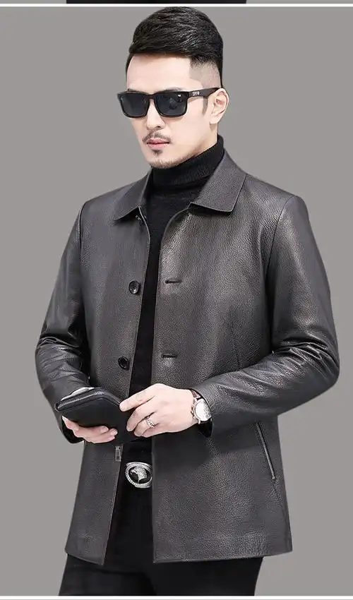 头层鹿皮皮夹克男士新款真正皮皮衣男短款翻领商务休闲中年外套黑色