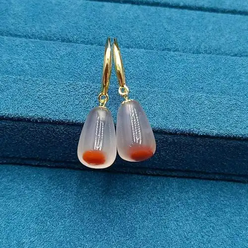 南红冰飘一点红18k金耳钩