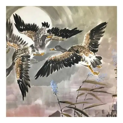 (朝鲜)赵朱研《飞翔的大雁》平壤美术大学 星朝画廊