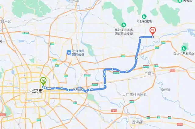 西起东二环外的东大桥,沿途经过副中心,燕郊,东到平谷.