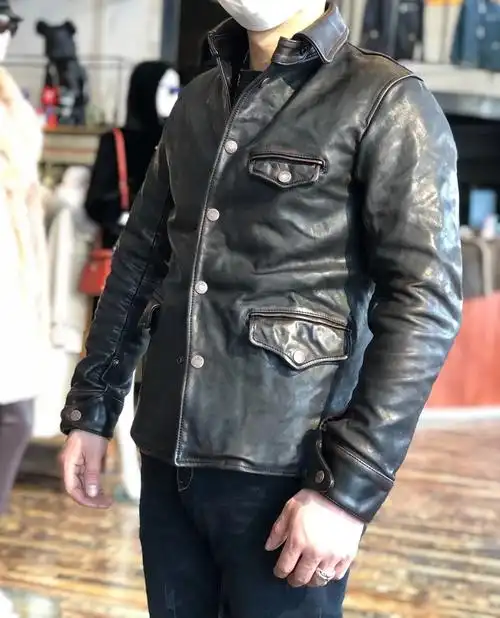 司闸员美式复古工装皮衣油蜡马皮茶芯古着皮夹克皮衣
