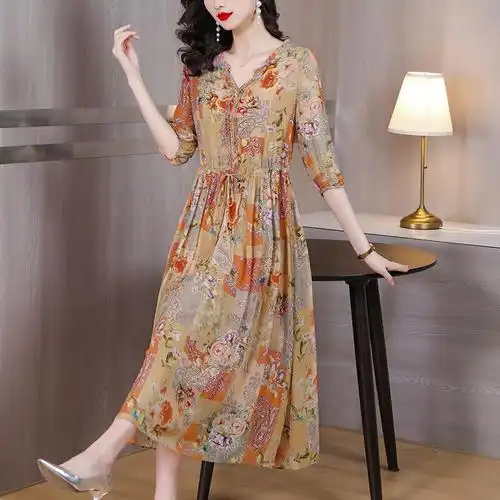 专柜正品华哥弟情真丝连衣裙女海边度假春夏妈妈装气质加大码裙子