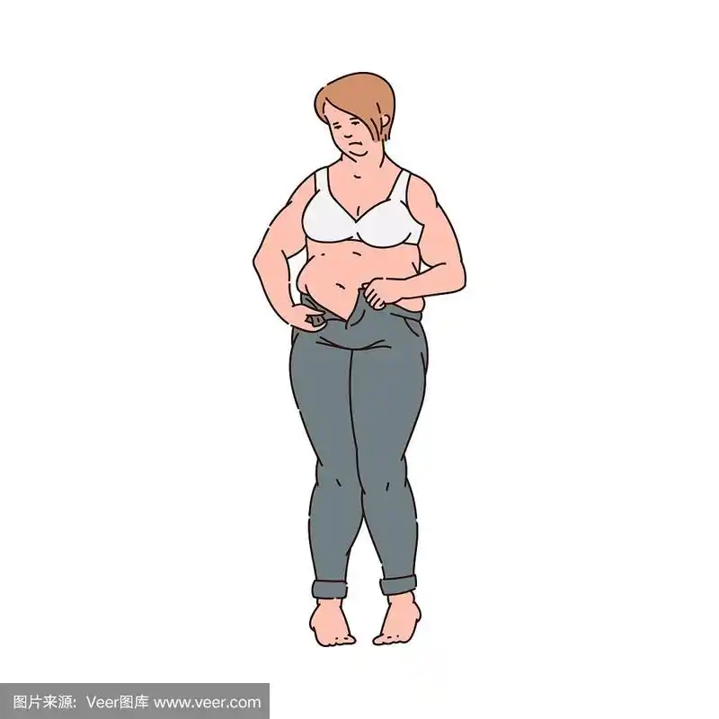 肚子大的女人不能扣她的牛仔裤素描矢量插图孤立.