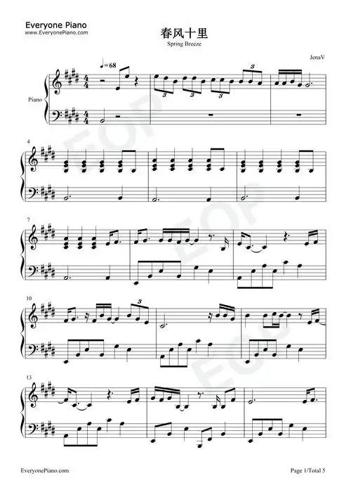 春风十里-原调简单版五线谱预览1-钢琴谱文件(五线谱,双手简谱,数字谱
