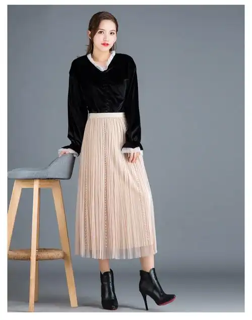 半身裙女新款中长款百褶裙ins超火裙子仙女裙重工钉珠网纱裙