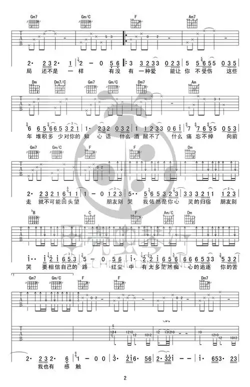 朋友别哭吉他谱_吕方_高清弹唱谱_f调六线谱完整版