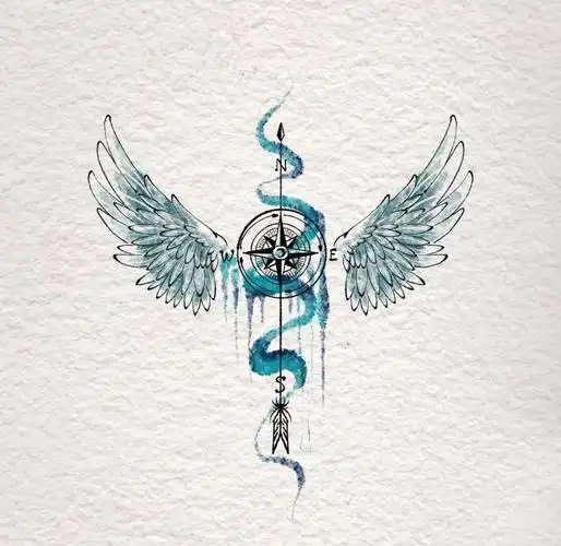 指南针与翅膀纹身图案