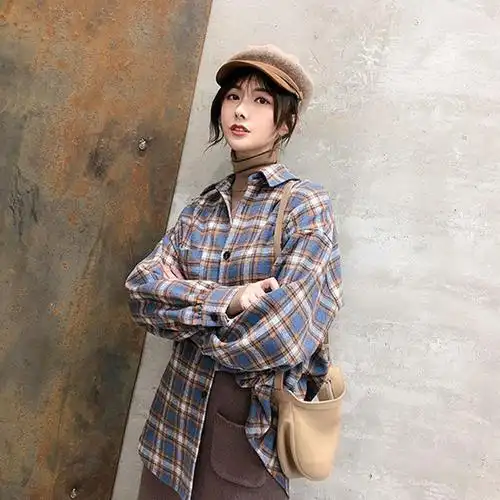 2021磨毛格子衬衫女复古港味百搭叠穿春秋衬衣长袖宽松外套上衣潮