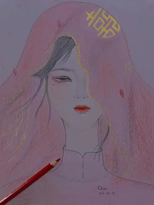手绘美人图彩铅画古风红盖头