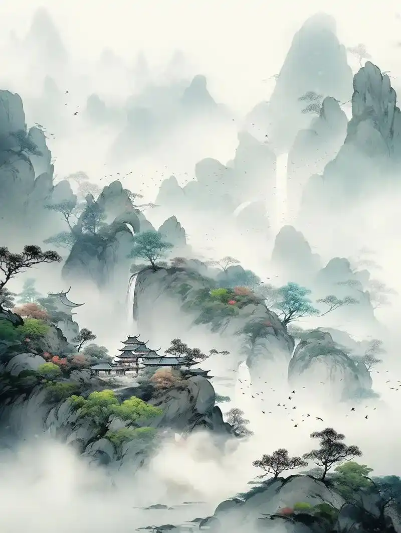 山水画卷感受宁静.#古风 #国风插画 #水墨画 #ai绘画  - 抖音