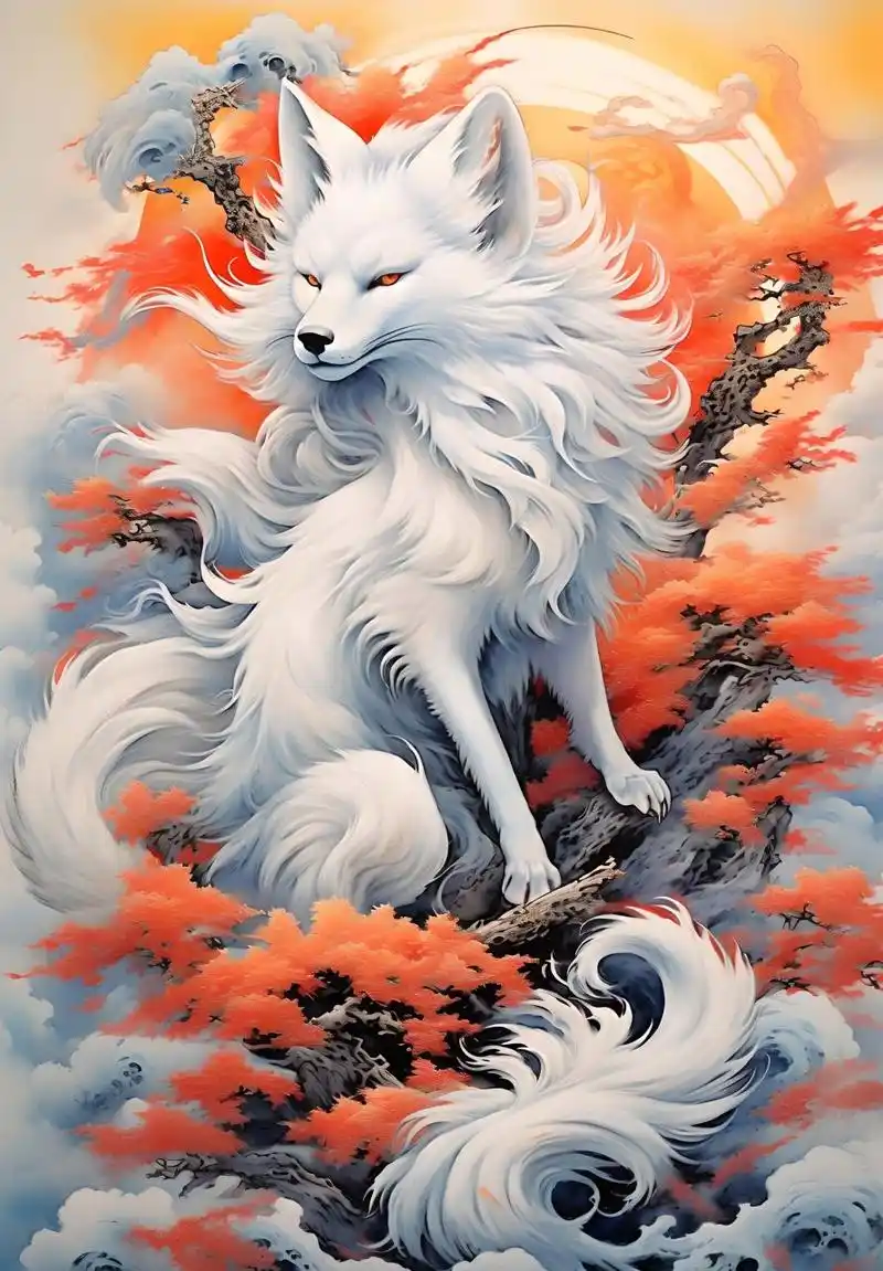 狐狸九尾艳,临风舞彩霞.