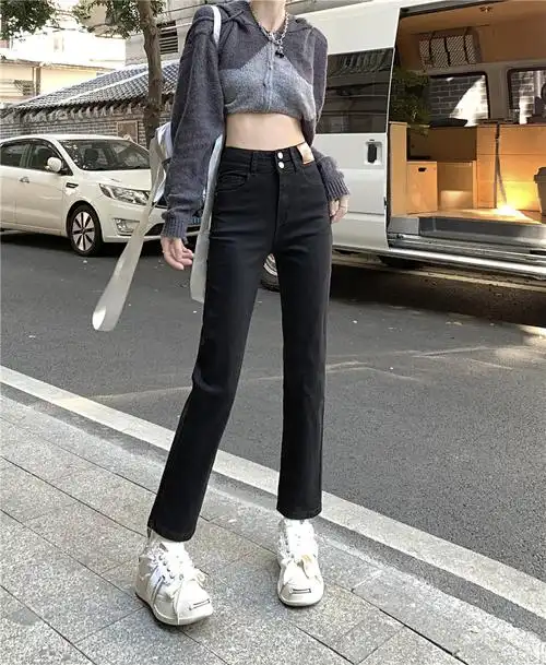 秋冬季2022年新款高腰显瘦小个子直筒九分裤女装宽松牛仔烟管裤子