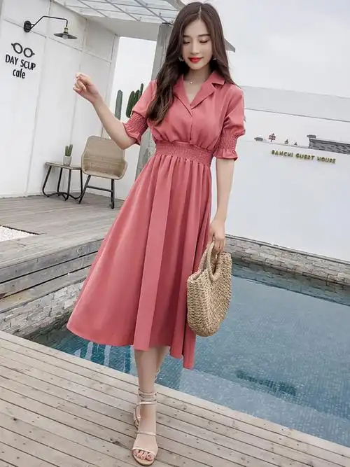 雪纺短袖中长裙子穿搭|雪纺短袖中长裙子搭配|雪纺短袖中长裙子品牌