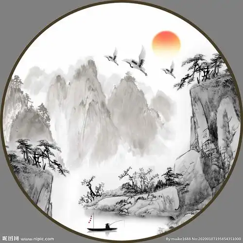 新中式水墨山水意境圆形装饰画图片