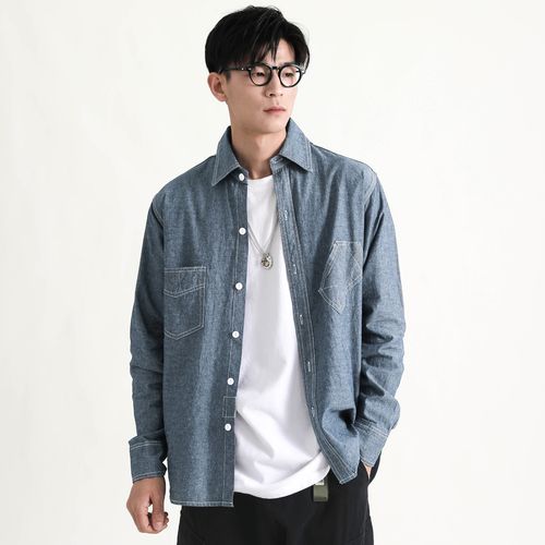 写意男装春季新款日系复古水洗蓝灰衬衫青年流行休闲长袖翻领衬衣