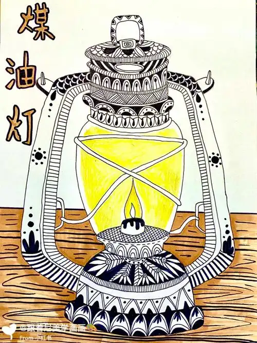 线描静物煤油灯