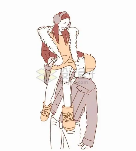 坐在男朋友肩上的女朋友秀恩爱情侣手绘线条插画png图片素材