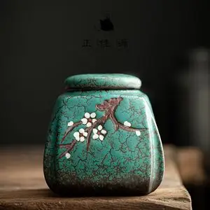 正佳源粗陶窑变陶瓷茶叶罐浮雕梅花防潮密封罐方形复古多用存茶罐