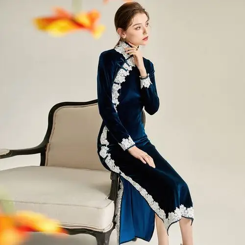 改良旗袍长袖连衣裙超长加厚天鹅绒烟水