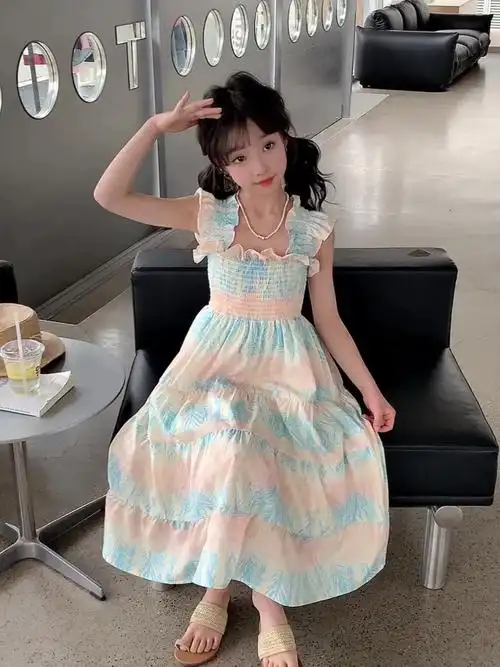 女童夏装连衣裙2024年新款女大童洋气韩版拼色背带裙女孩网红裙子